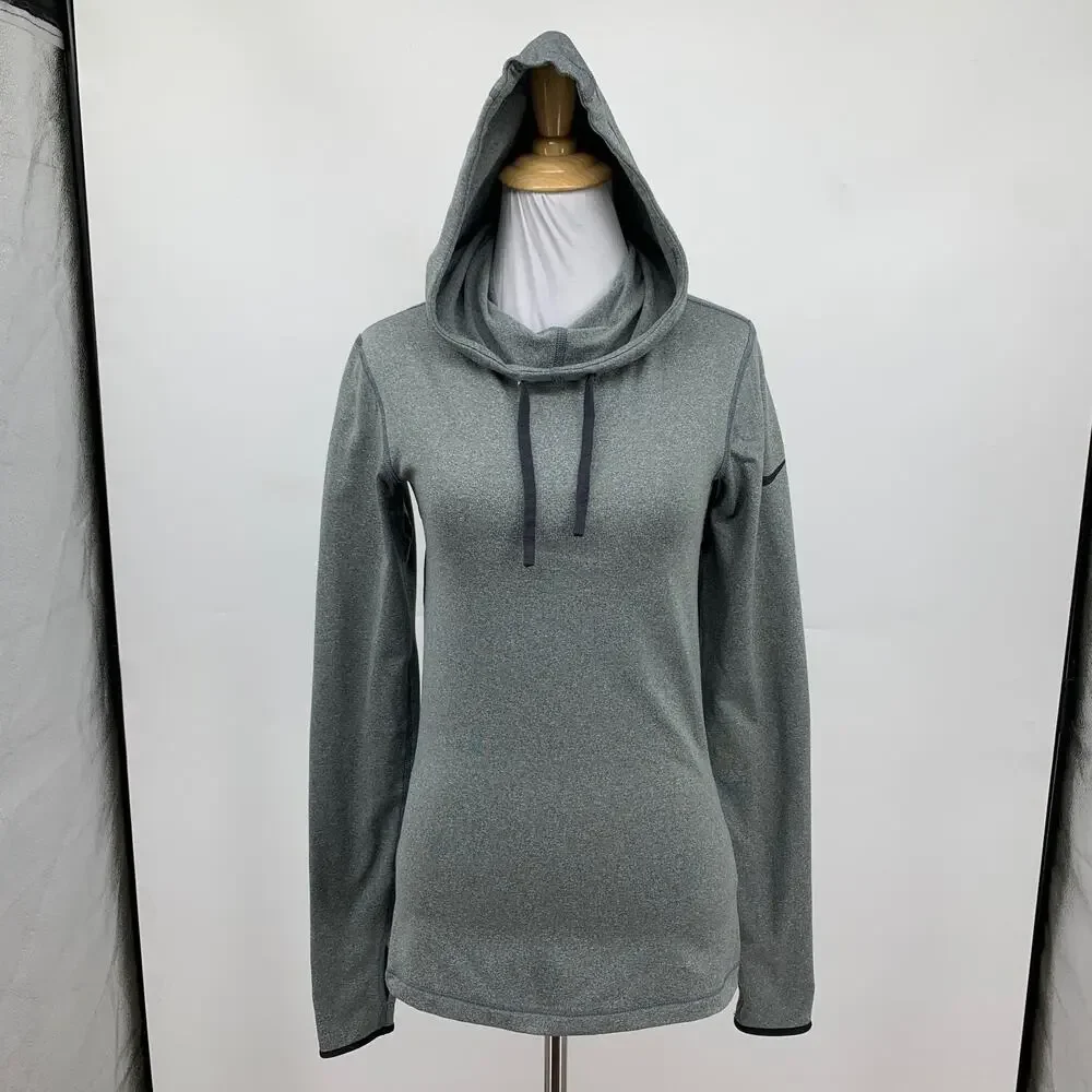 Nike Pro Sweatshirt Womens S Small Grey Black Hyperwarm Dri Fit Hooded Pullover